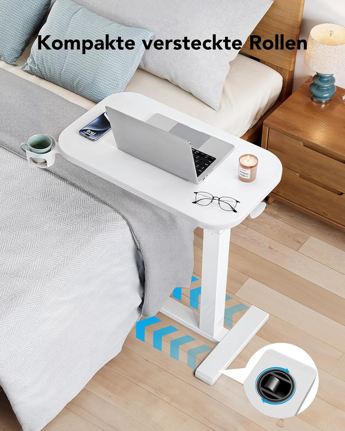 Detalle 2 de HUANUO Beistelltisch mit Rollen – höhenverstellbar, 70 x 40 cm, Becherhalter, mobil für Homeoffice