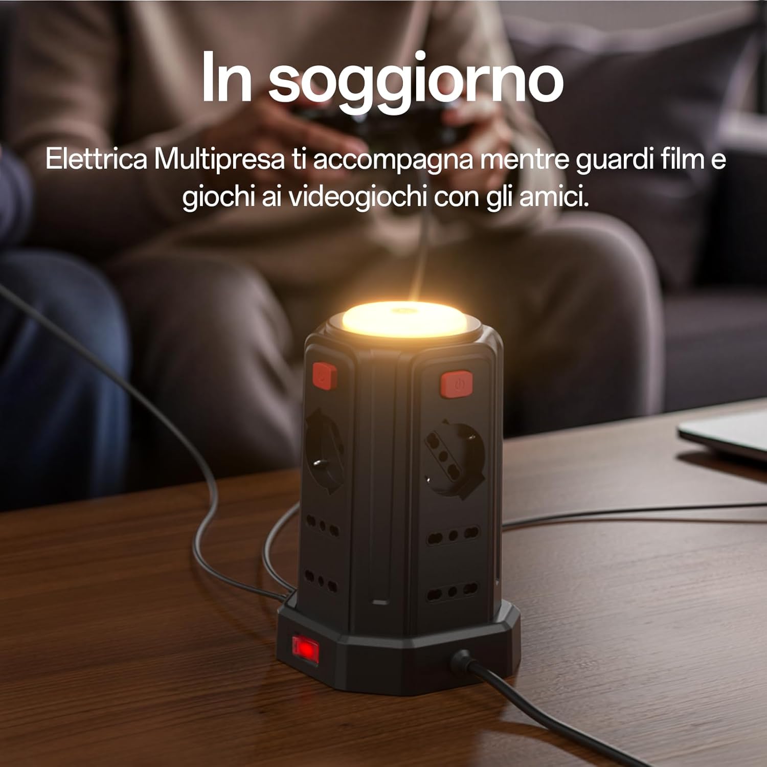 Thumbnail 6 de 3M Ciabatta elettrica multipresa verticale con luce notturna e 12 prese universali (IT/Schuko) + 4 USB