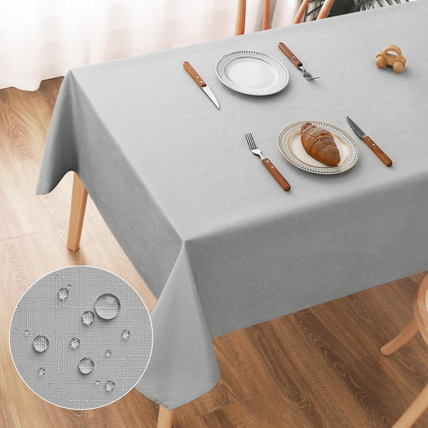 Detalle de AooHome Tischdecke 100x140 cm in Hellgrau – Leinenoptik, wasserabweisend und kratzfest