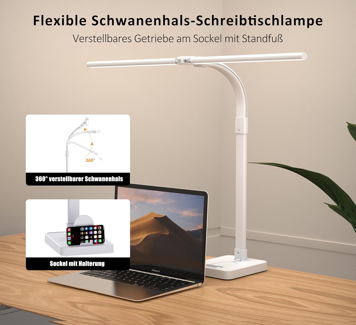 Thumbnail 4 de LOTTBUTY Doppelkopf Schreibtischlampe LED dimmbar (24 W, 80 cm) mit Tageslicht & Handyhalter