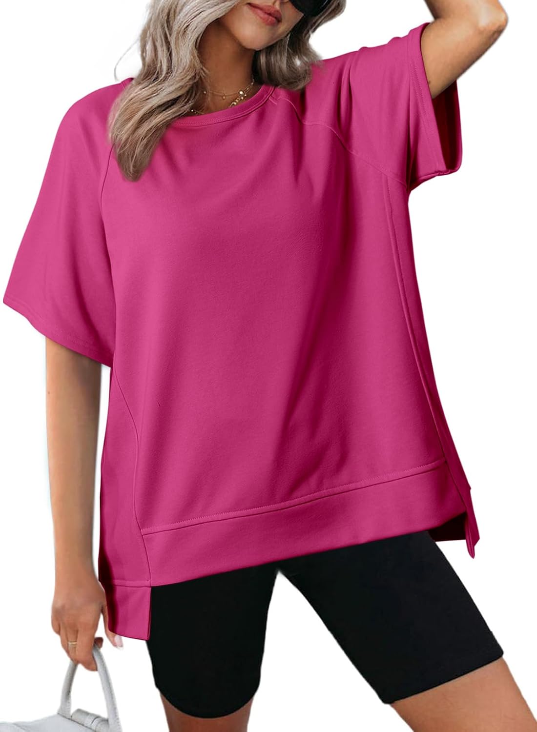 Detalle de Dokotoo Oversized T Shirts for Women: Crewneck, Short Sleeve, Lightweight & Loose High-Low Hem