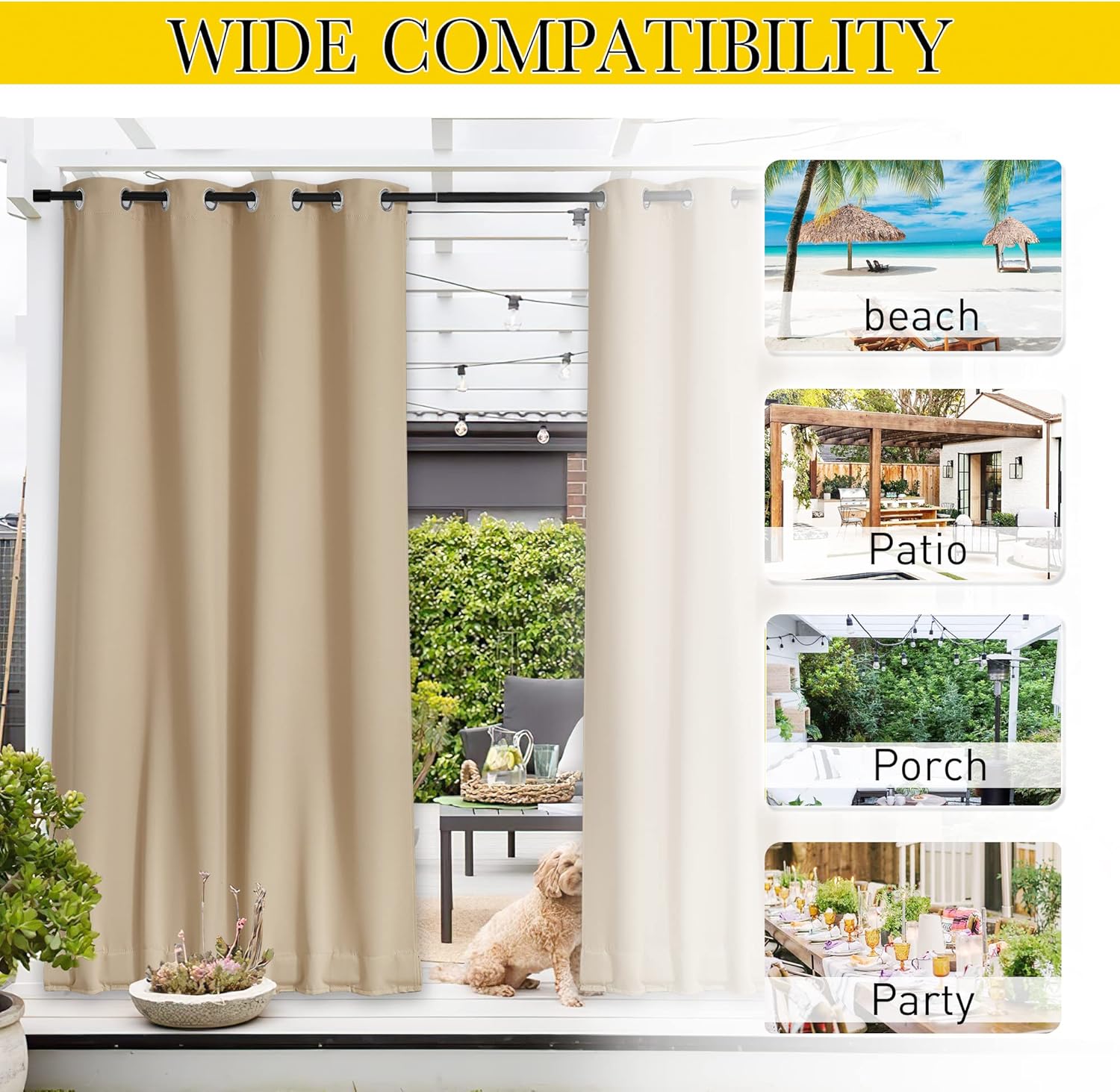 Thumbnail 5 de NICETOWN 2 Panels Weighted Blackout Curtains for Patio – Waterproof Outdoor Curtains, Grommet & Back Tab, Windproof, Thermal Insulated, Biscotti Beige (W84 x L95)
