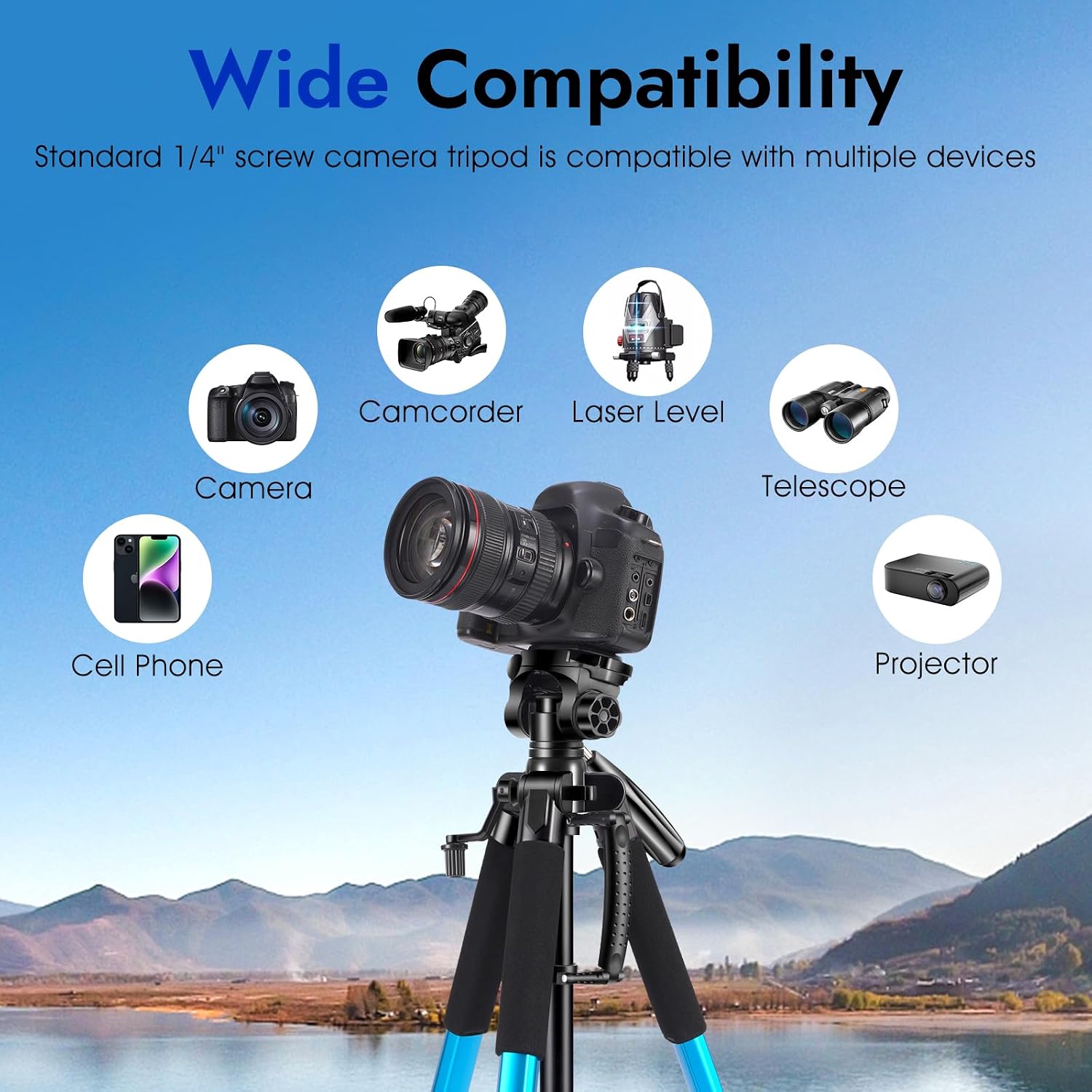 Detalle de JOILCAN 74" Camera Tripod with Detachable Head and Universal Phone Mount – Lightweight Aluminium, Blue