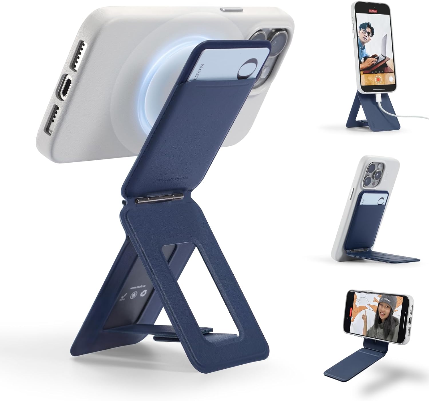 Detalle de MOFT Handy Stativ für Smartphone „MOVAS Vegan-Leder“ (3-in-1) – ultradünn, tragbar und mit Kartenhalter, Marine Blau
