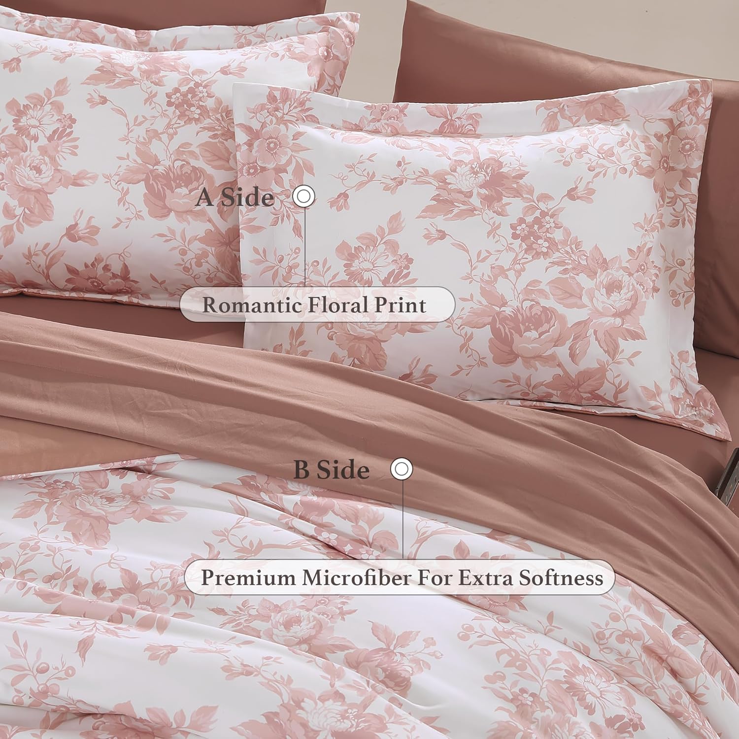 Thumbnail 4 de BLOOMHAVEN Queen Comforter Set — 7-Piece Pink Floral Bedding Ensemble