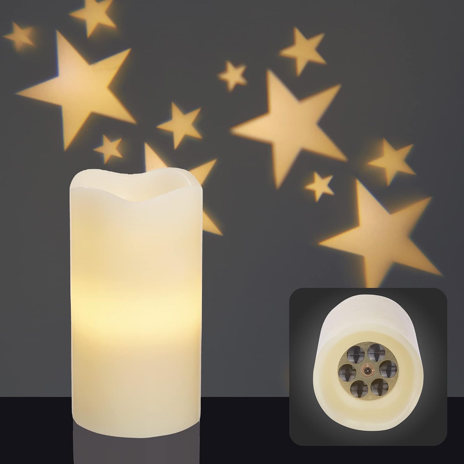 Detalle de Candela LED Hellum con timer, Ø8 x H15 cm, cera vera e cielo stellato (batterie AAA non incluse)