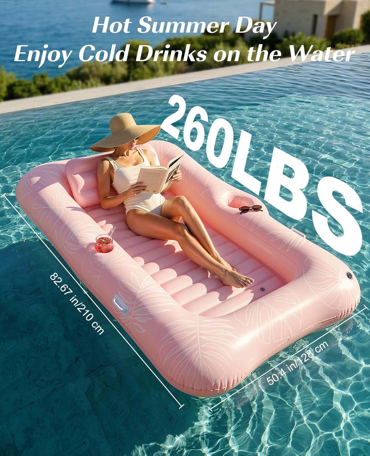 Detalle de HeySplash Inflatable Pool Floats: Large Tanning Lounge with Headrest, Cup Holder and Ice Bucket