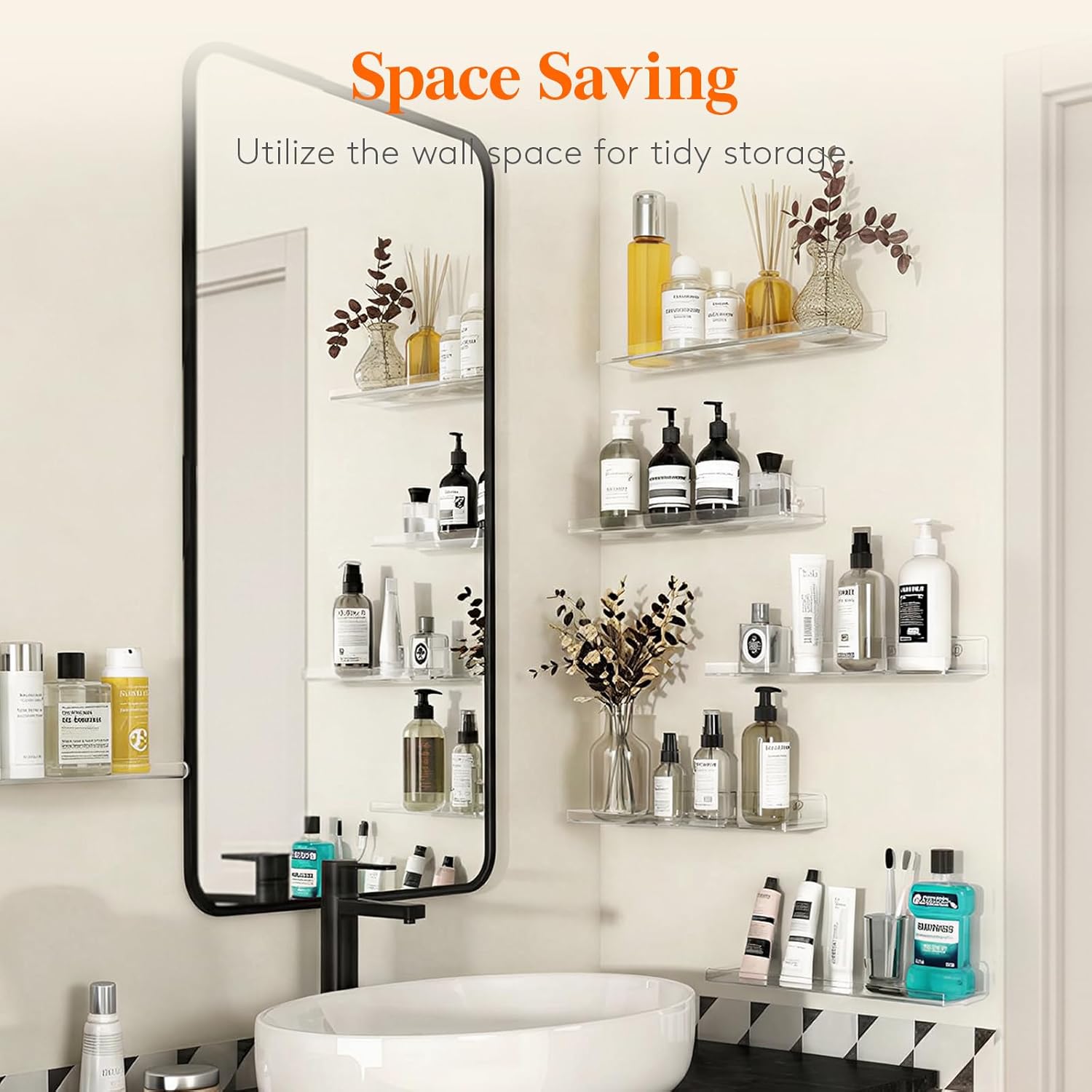 Thumbnail 1 de Lifewit 14" Clear Acrylic Floating Shelves for Bathroom, Organizer Wall Rack (4-Pack)