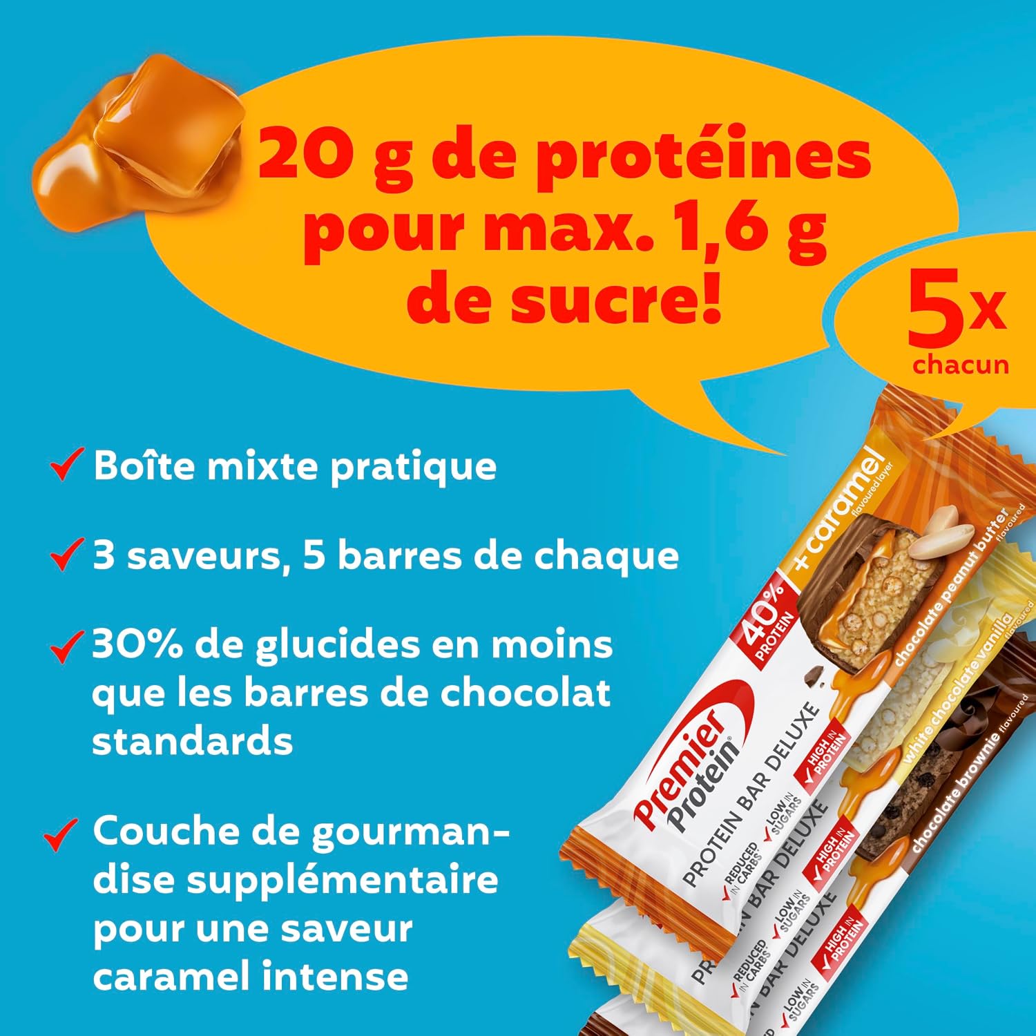 Detalle de Premier Protein Bar Deluxe boîte 15 x 50g — barre protéinée 40% 🍫