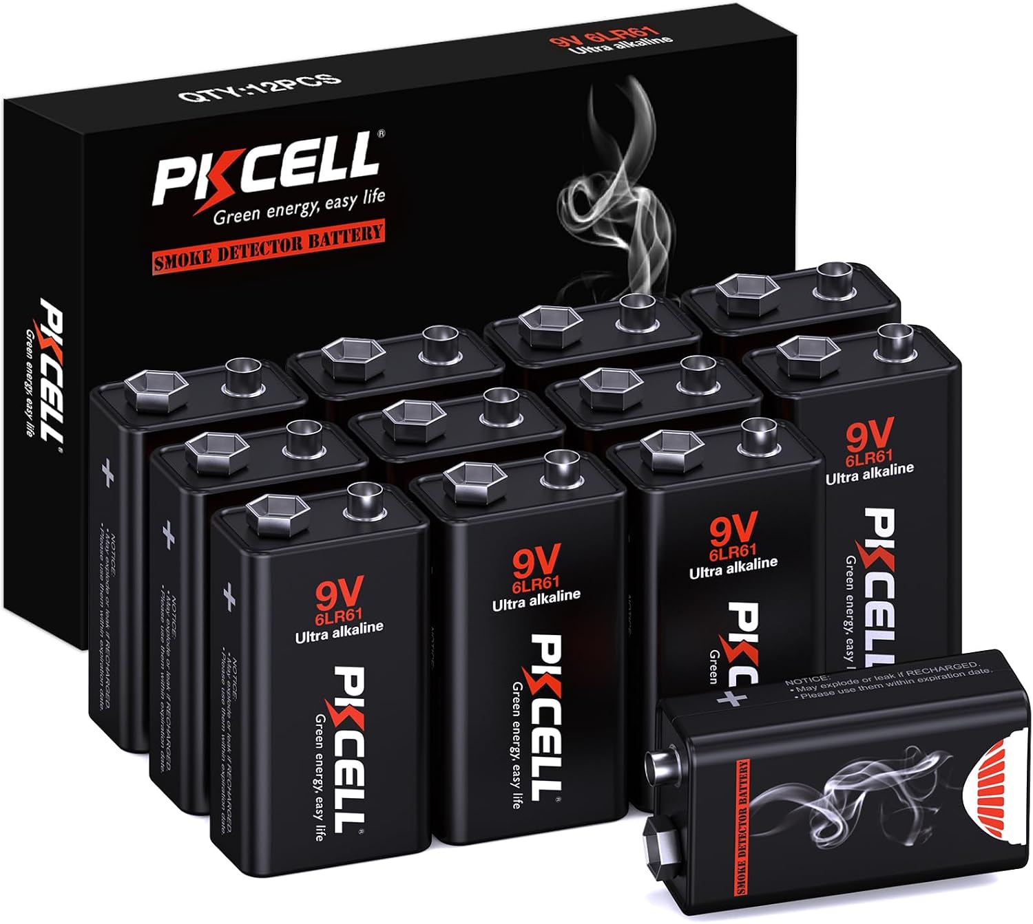 Detalle de PKCELL 9v-batteries 9V Alkaline Batteries, 12-Pack, 10-Year Shelf Life