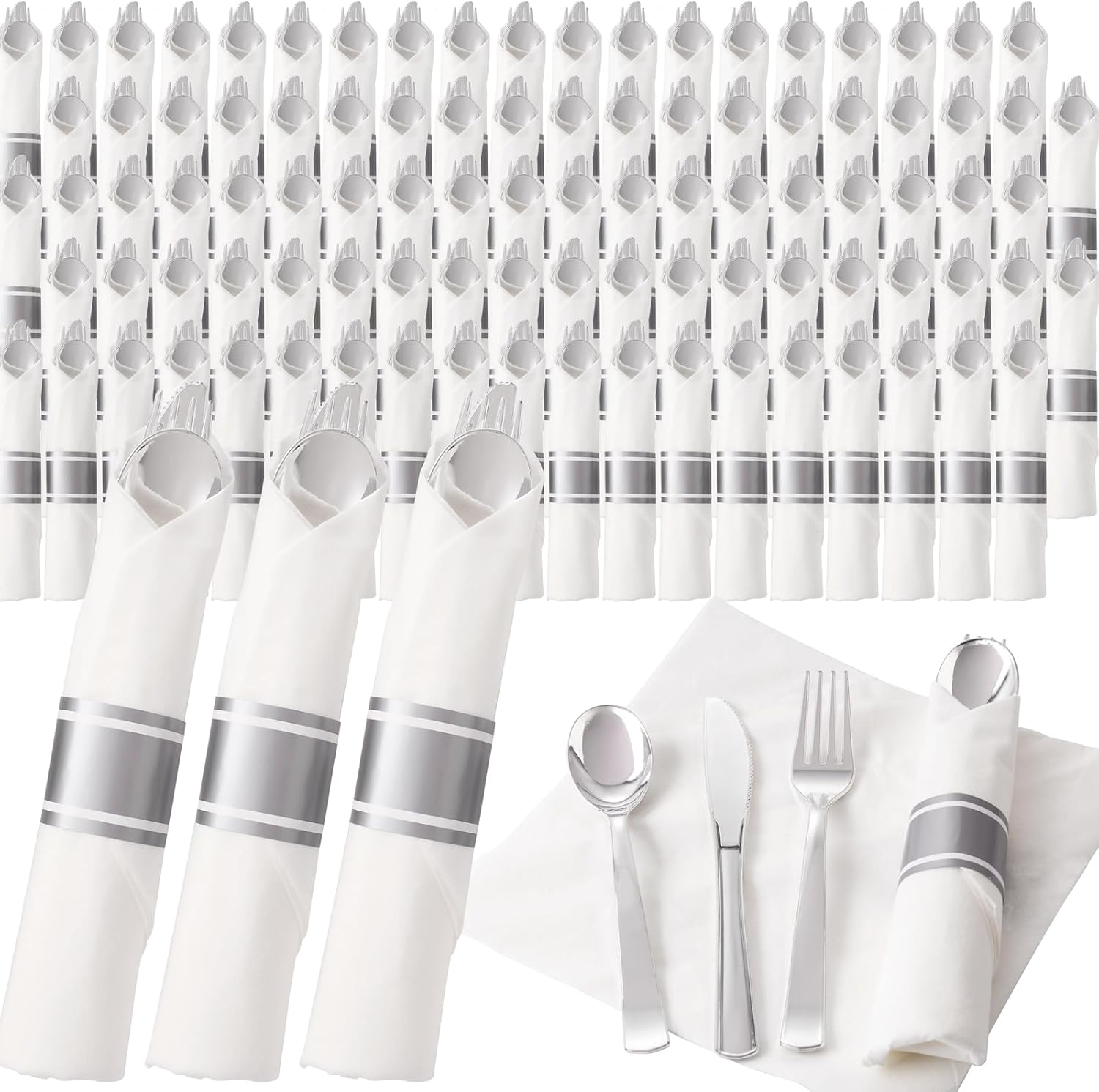 Detalle de Joyido 200 Guests Pre-Rolled Silver Plastic Silverware Set (200-Piece Pack with Napkins)