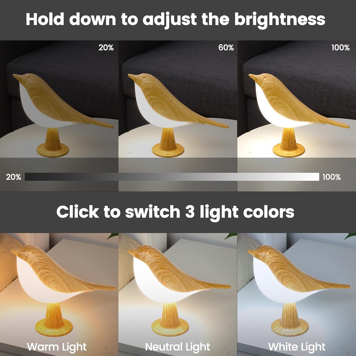 Thumbnail 1 de 2Pack Touch Control Bird-Shaped Table Lamps (USB Rechargeable, 3-Way Dimmable) for Bedroom, Kids & Home
