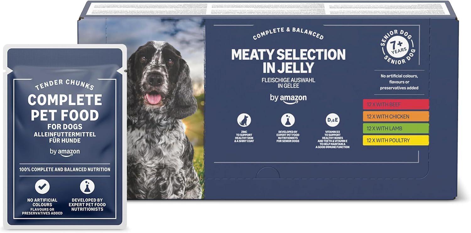 Detalle de By Amazon Alimento completo per cani anziani, Selezione di carne in gelatina, 4.8 kg (48 sacchetti da 100 g)