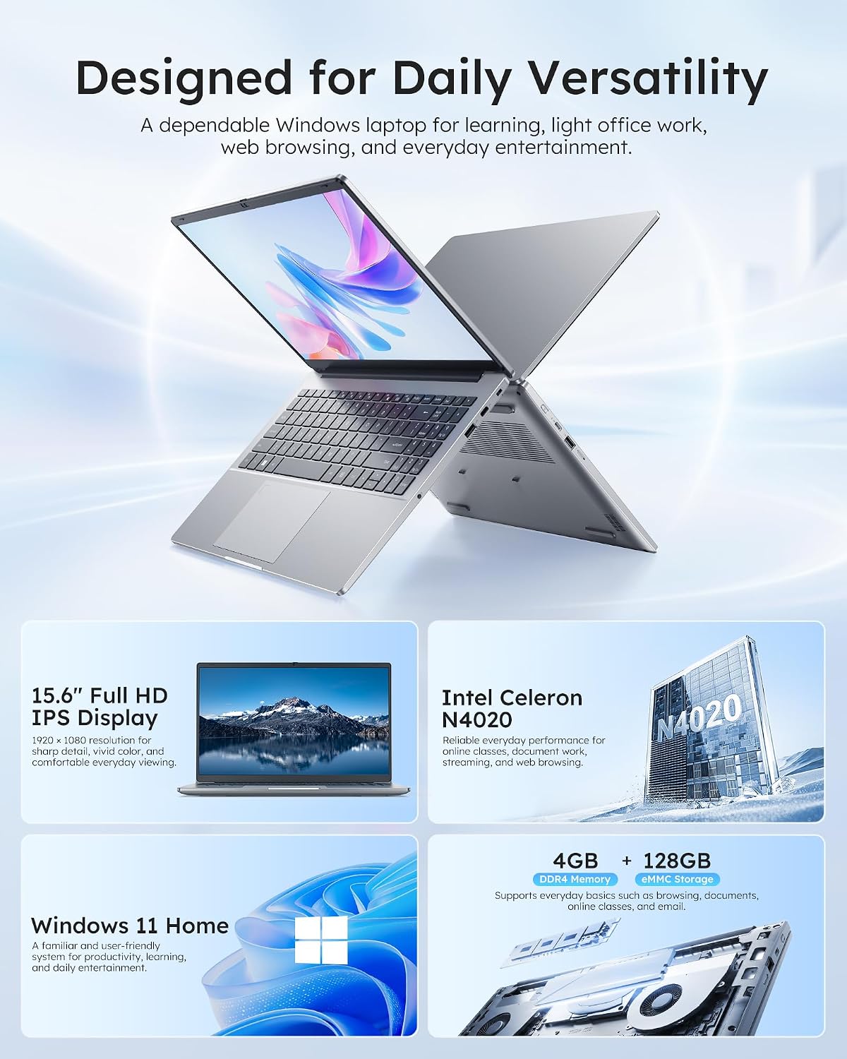 Detalle de Amzboy NB15 15.6-Inch Windows 11 Laptop, FHD Display, 4GB RAM, 128GB eMMC