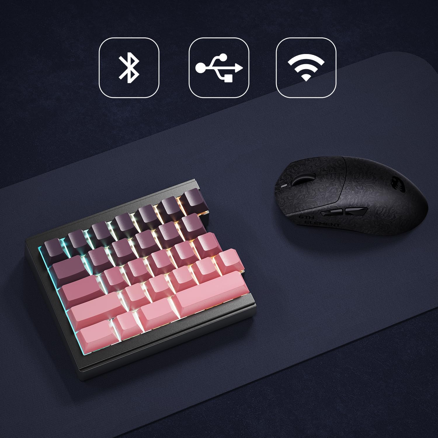 Detalle de ZORNHER ST68 Wireless Ergonomic Split Mechanical Keyboard (65%), Pink & Purple Creamy Keycaps with Knob
