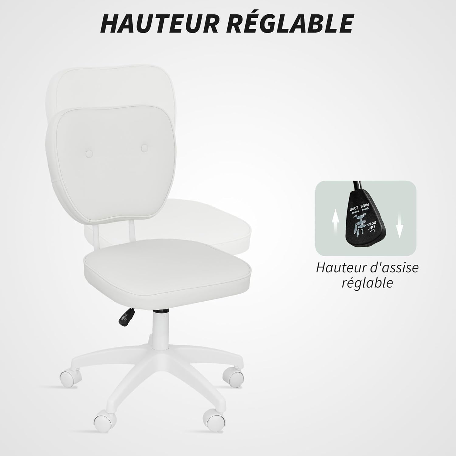 Thumbnail 3 de Vinsetto Chaise de bureau pivotante sans accoudoirs, dossier moyen et hauteur réglable (blanc)