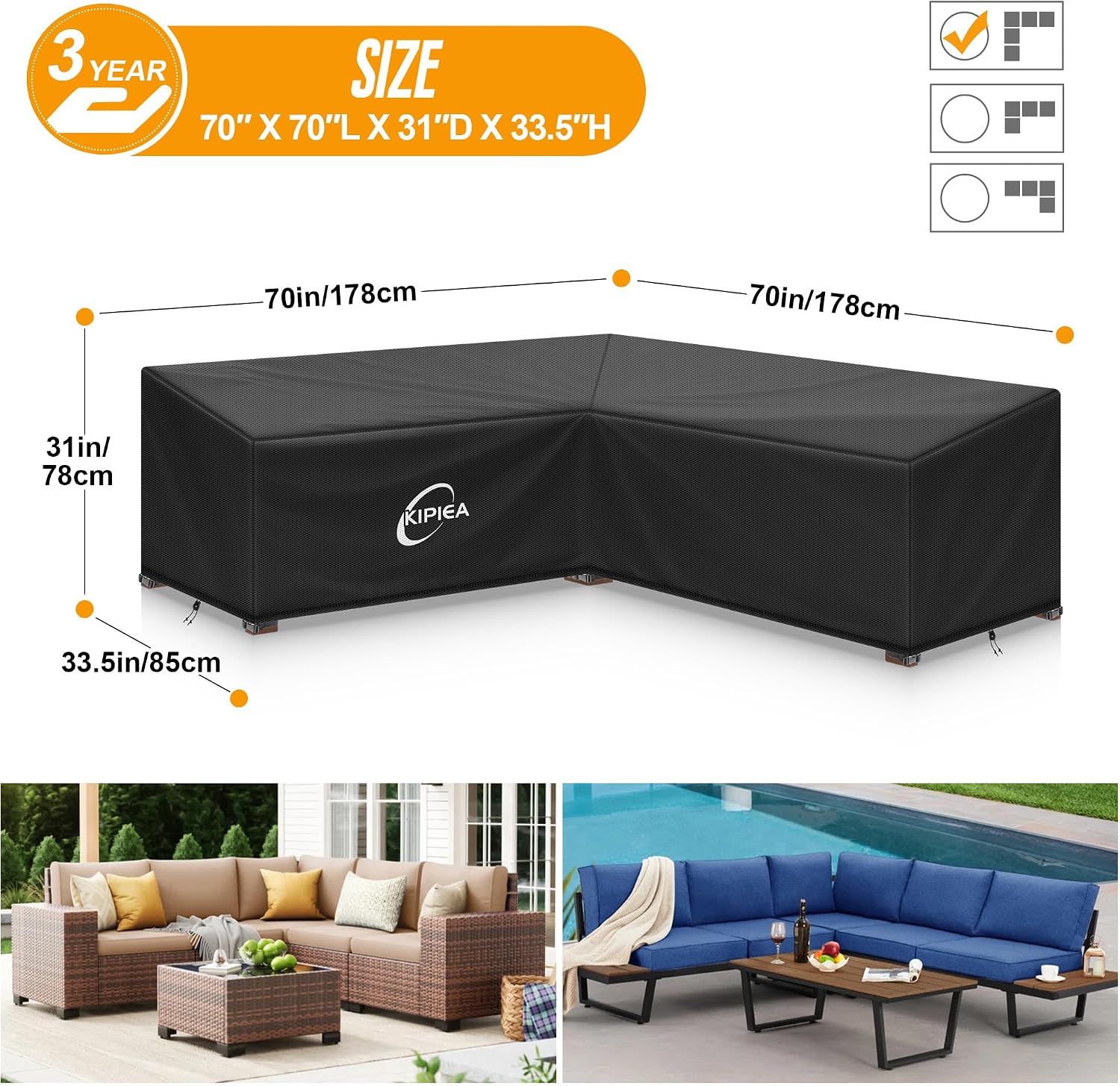 Thumbnail 1 de Kipiea 70" x 70" L x 33.5"D x 31" H V-Shape Sectional Cover, 600D Oxford