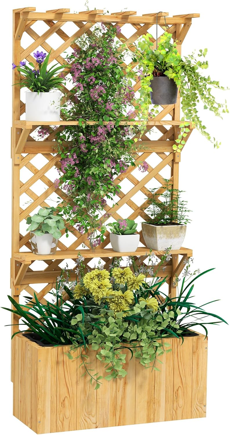 Outsunny Jardinière avec Treillis lit surélevé de Jardin Potager sur Pied en Bois