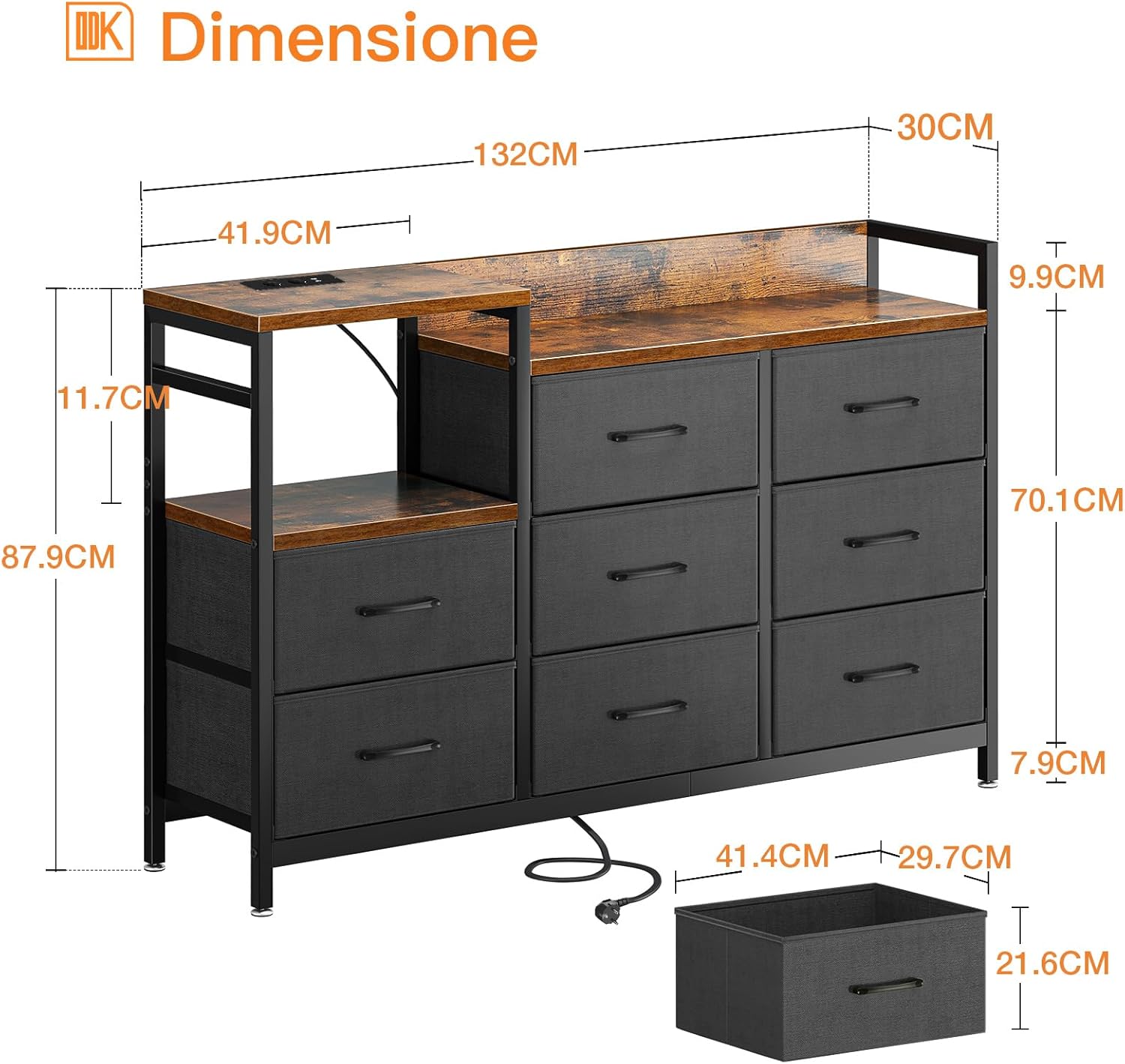 Detalle de ODK Cassettiera 132x30x88 cm con porte USB