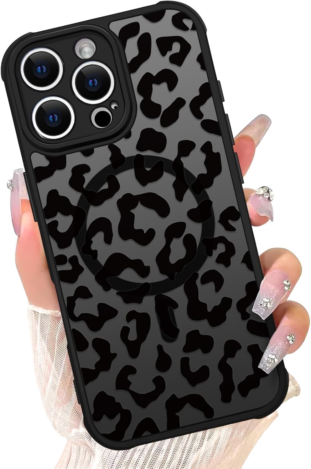 Detalle de Oxytter Magnetic Case for iPhone 15 Pro Max, Black Leopard, MagSafe Compatible