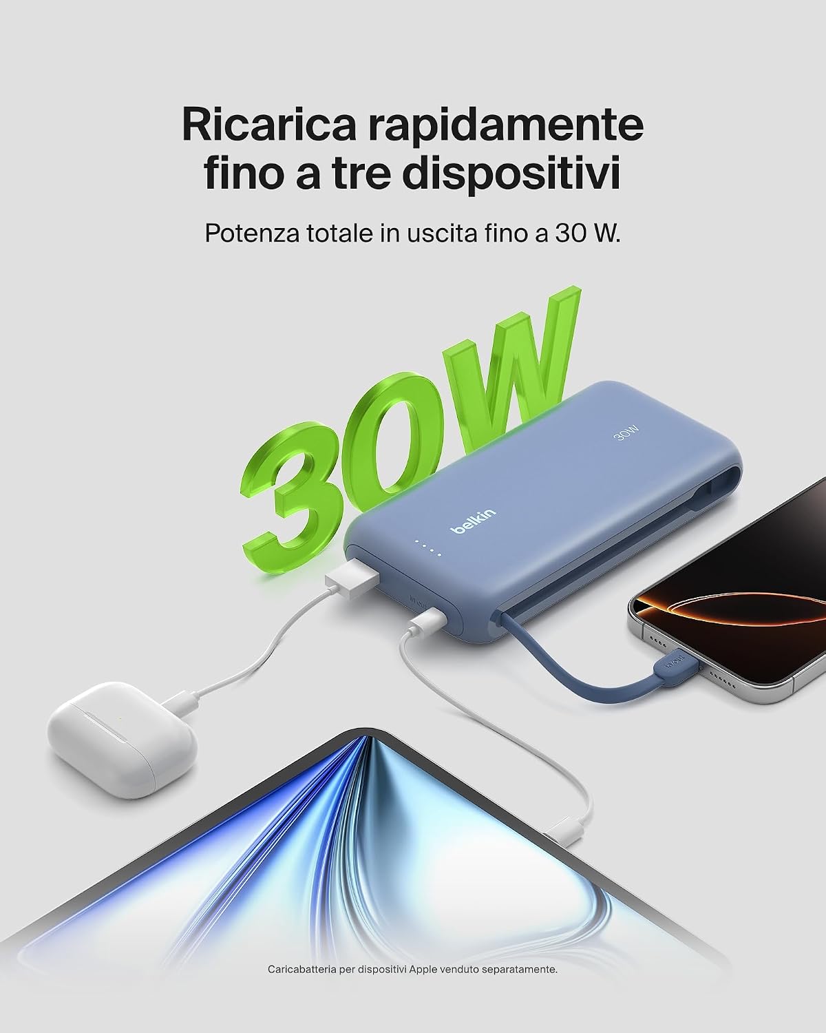 Detalle de Belkin Power Bank 20K PD 30W con cavo integrato