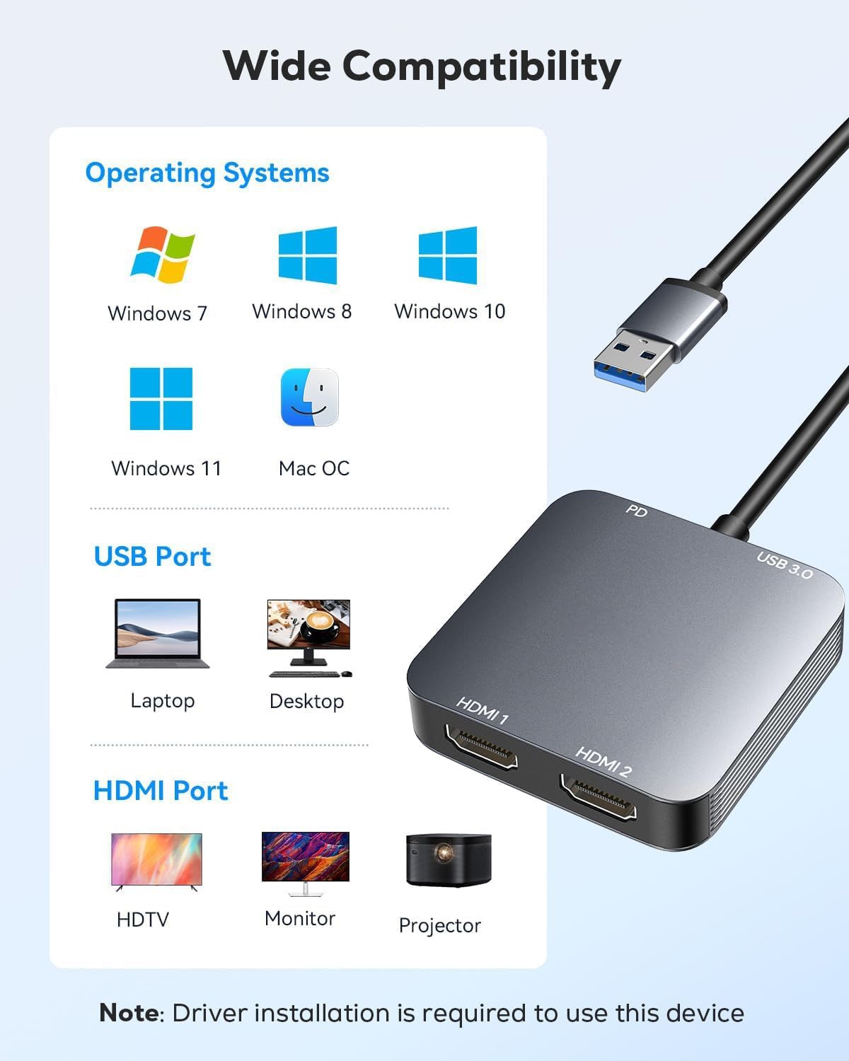 Thumbnail 5 de ABLEWE Adaptador USB 3.0 a Dual HDMI 1920x1080