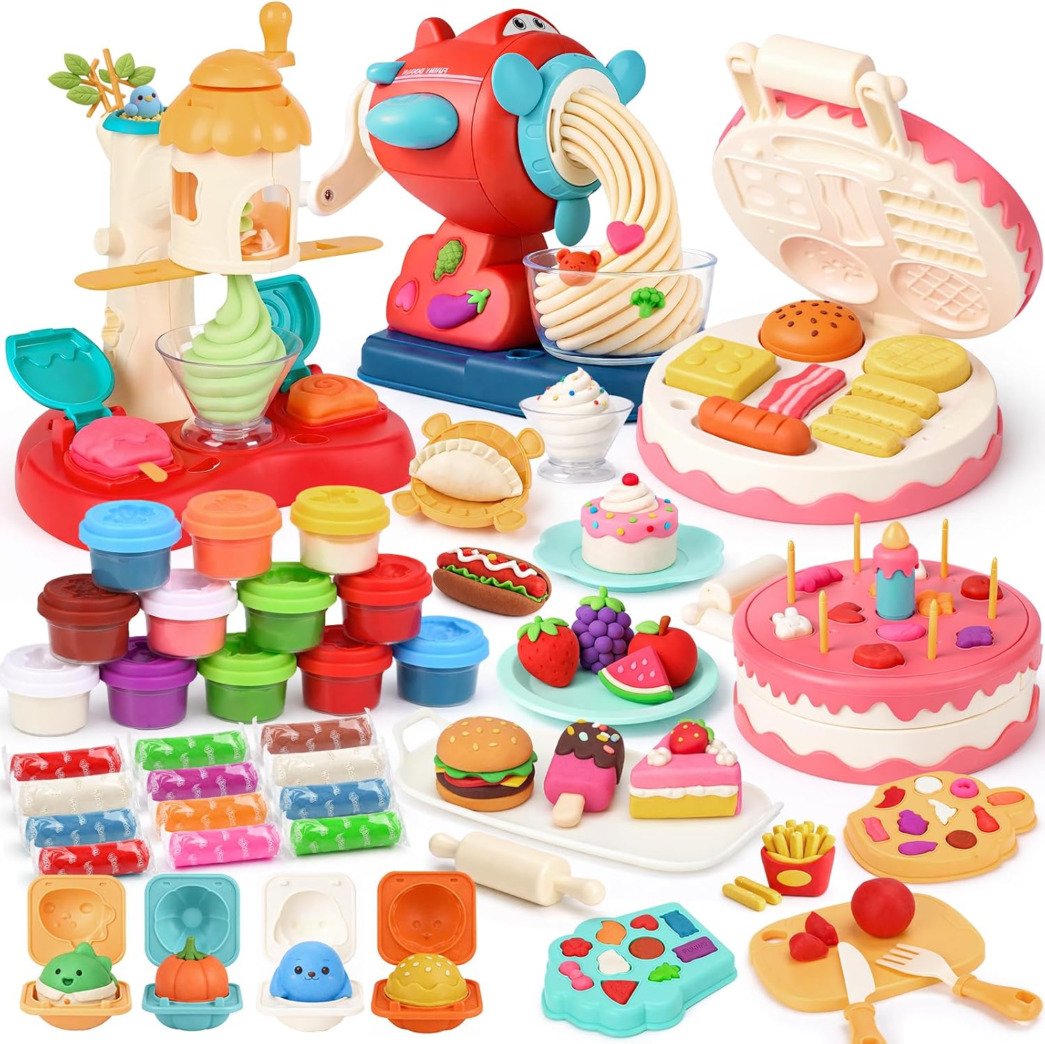Detalle de Dreamon 3 in 1 Knete Dough Set – Spielküche Zubehör für Kinder ab 3 Jahren (12 Farben, Eismaschine, Nudelmaschine, Kuchenform)
