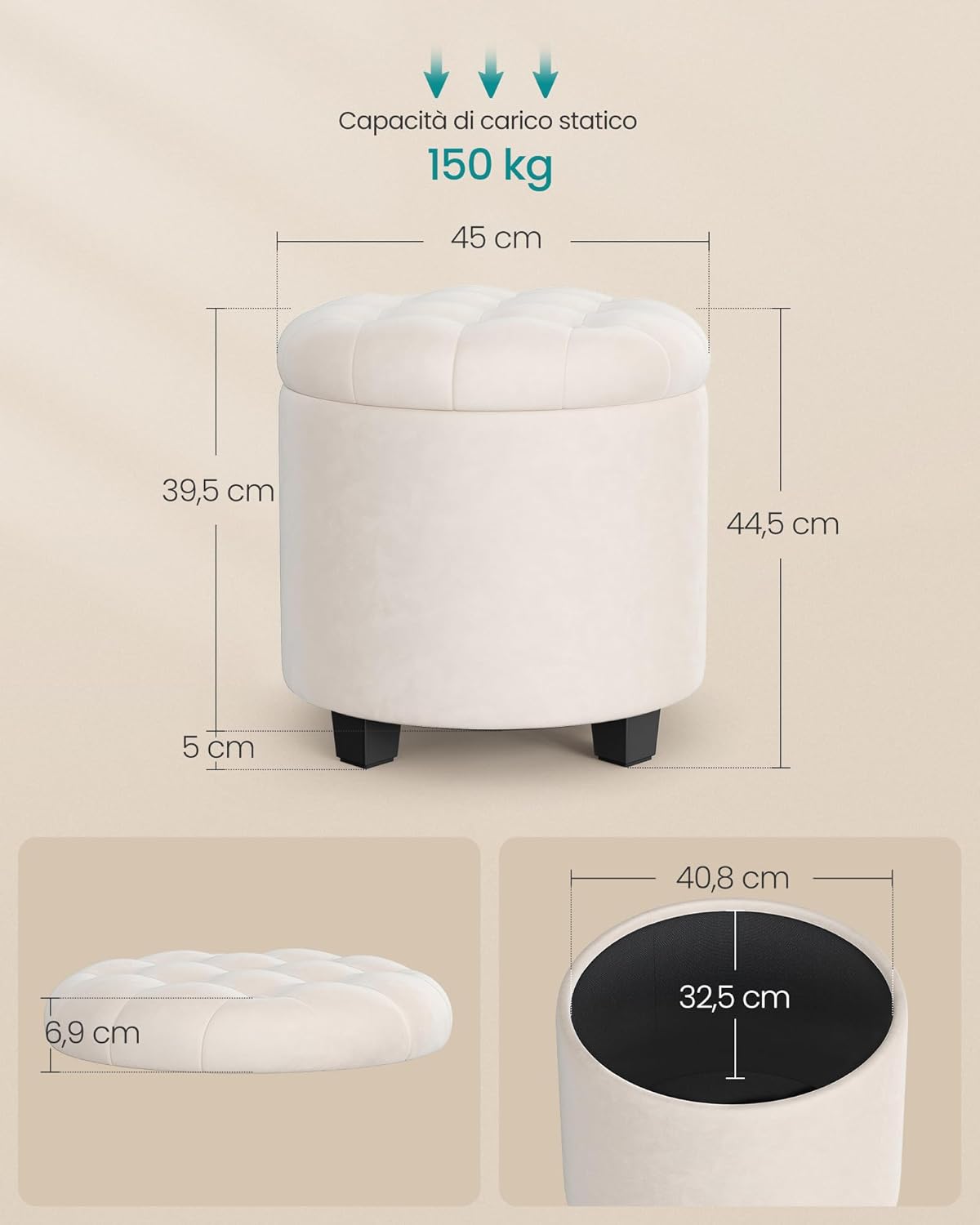 Detalle de SONGMICS Pouf Contenitore Rotondo LOM012W01: Cassapanca in velluto bianco crema, 42 L di capacità, supporto fino a 150 kg