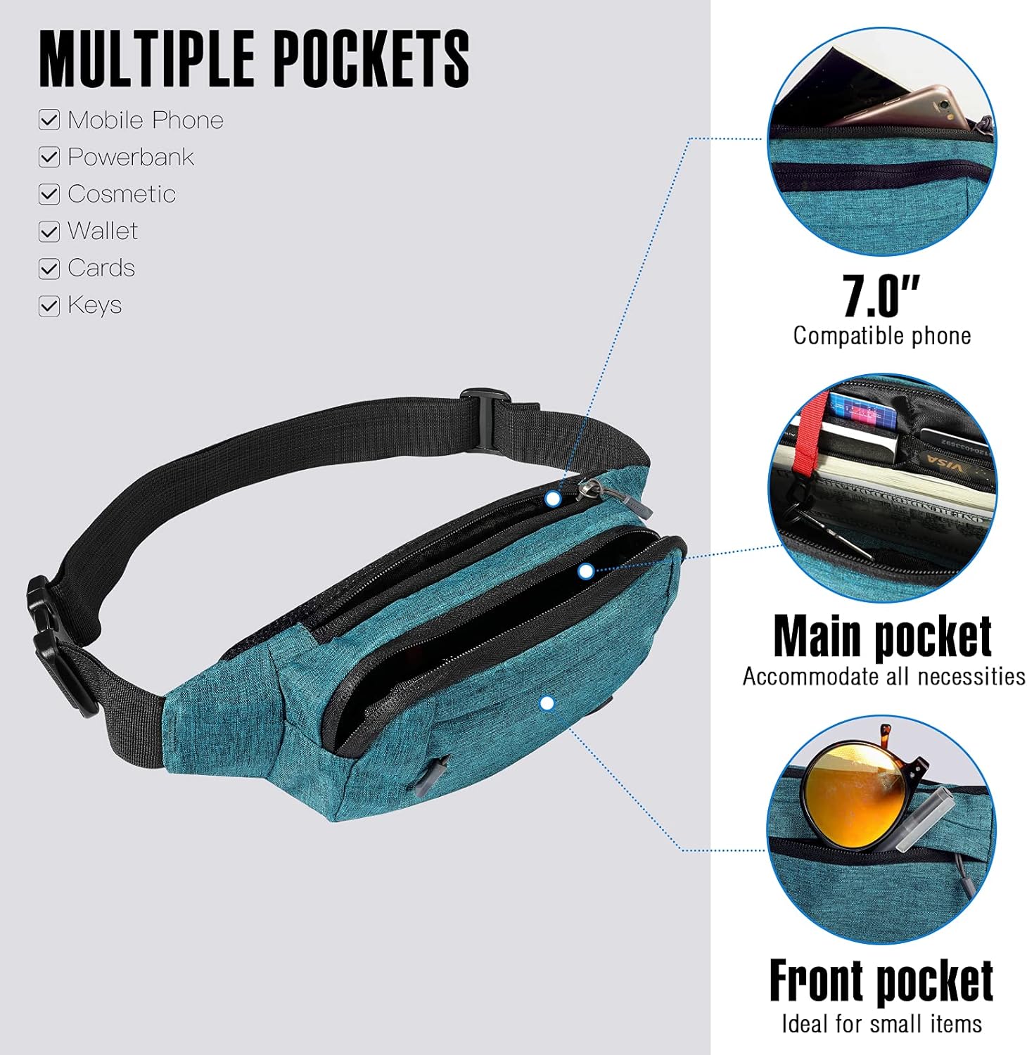 Detalle de Waterfly Bumbags Waist Fanny Pack – Adjustable Belt, Multi‑Compartment Sport Bag