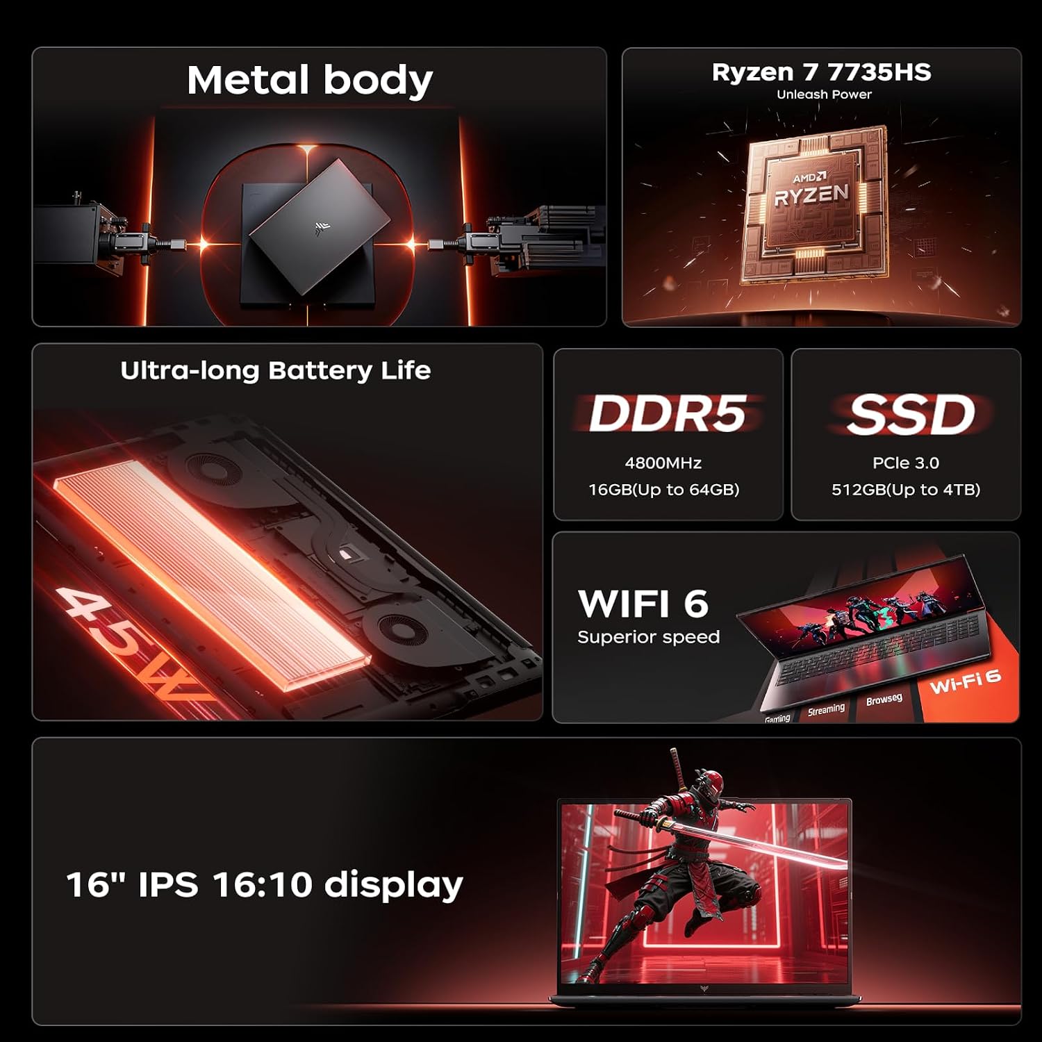 Detalle de Tivique RX16 16.1-Inch Ryzen 7 H255 Gaming Laptop