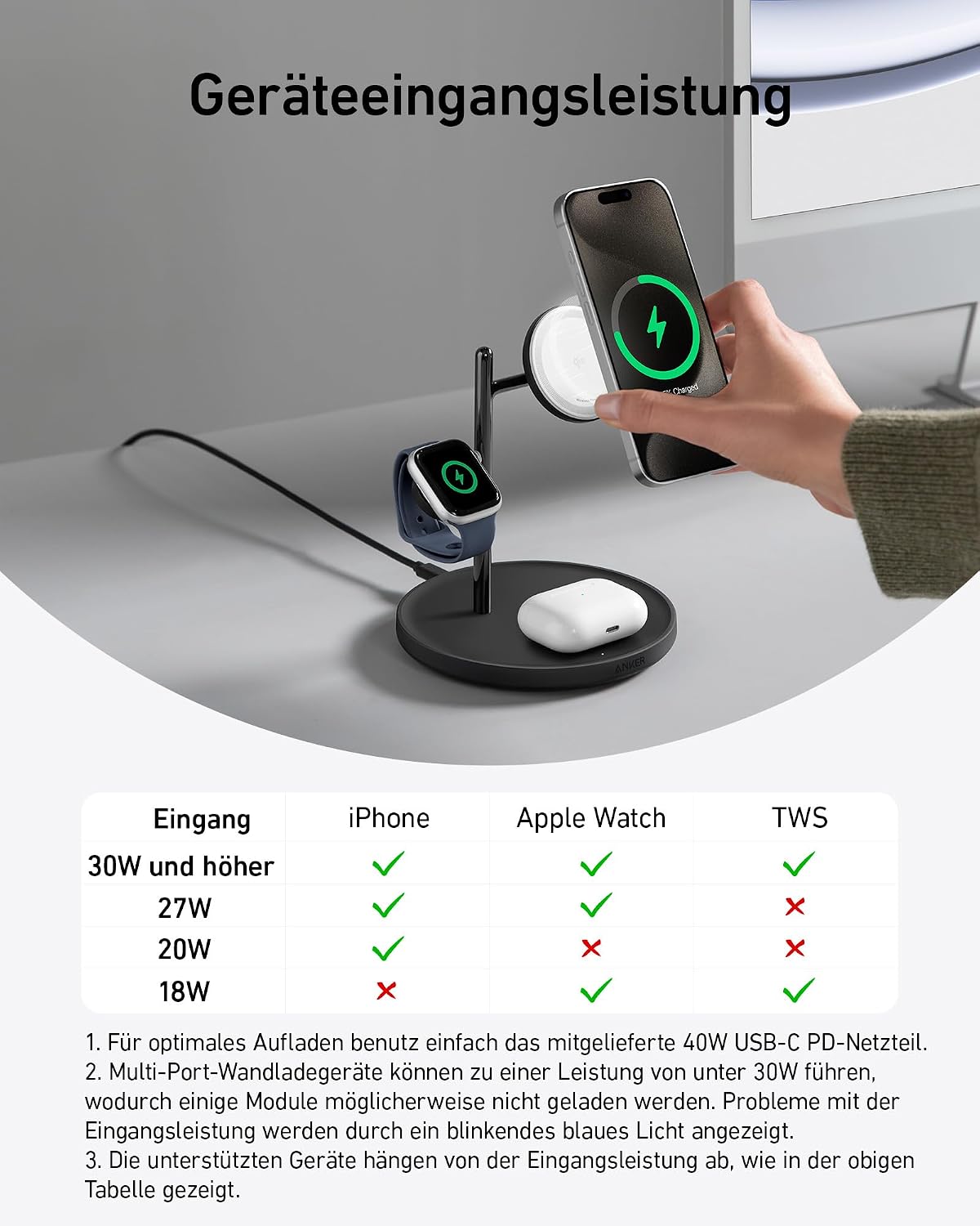 Detalle de Anker MagGo 3-in-1 Kabellose Ladestation – 15W Schnelles Laden für iPhone, AirPods und Apple Watch
