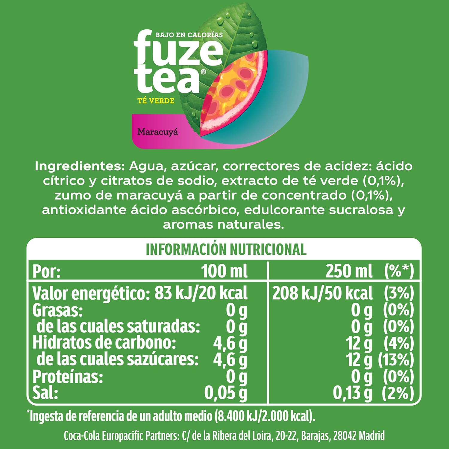 Detalle de Fuze Tea Té Verde Maracuyá 🌿 Botellas 1.5L Pack 6
