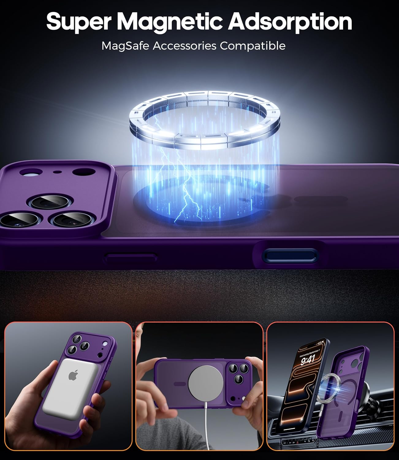 Detalle de FLLAO 3 in 1 Magnetic Case for iPhone 17 Pro Max (Purple) with 2X HD Screen Protector & MagSafe support