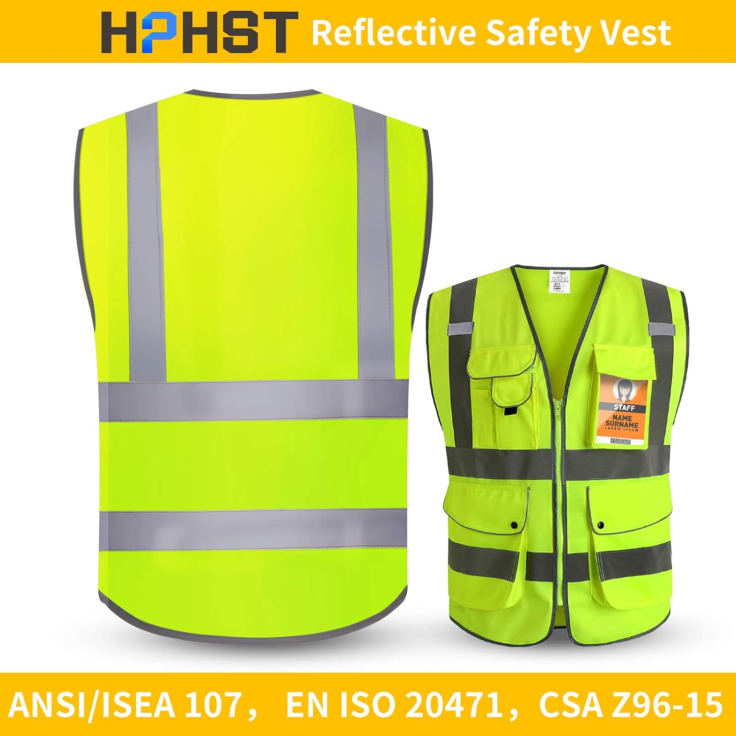 Thumbnail 1 de HPHST Warnweste für Herren und Damen – reflektierende Fahrrad- und Arbeitsweste mit Reißverschluss (EN ISO 20471)