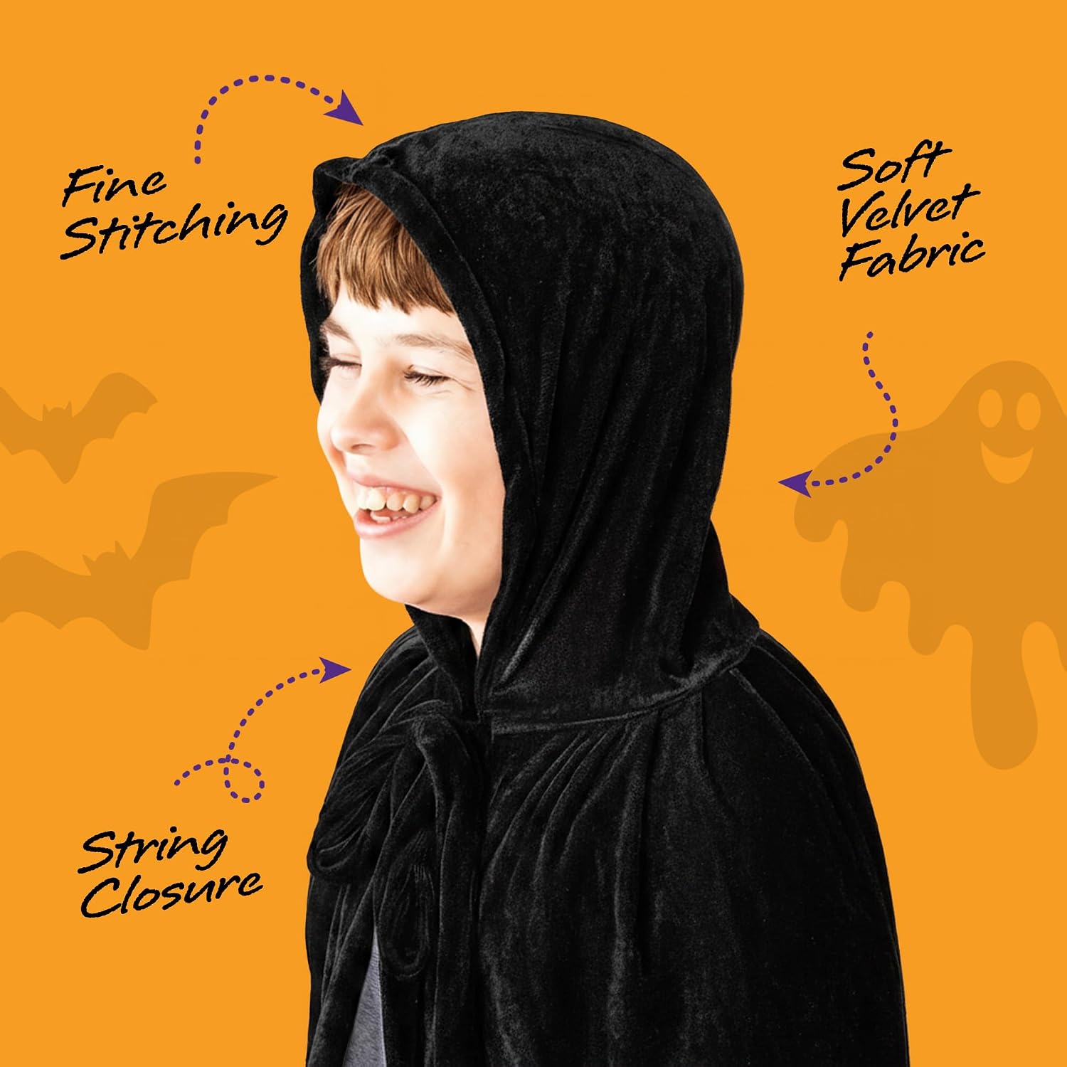 Detalle de ArtCreativity Velvet Hooded Cloak for Kids, 4 ft, String Closure