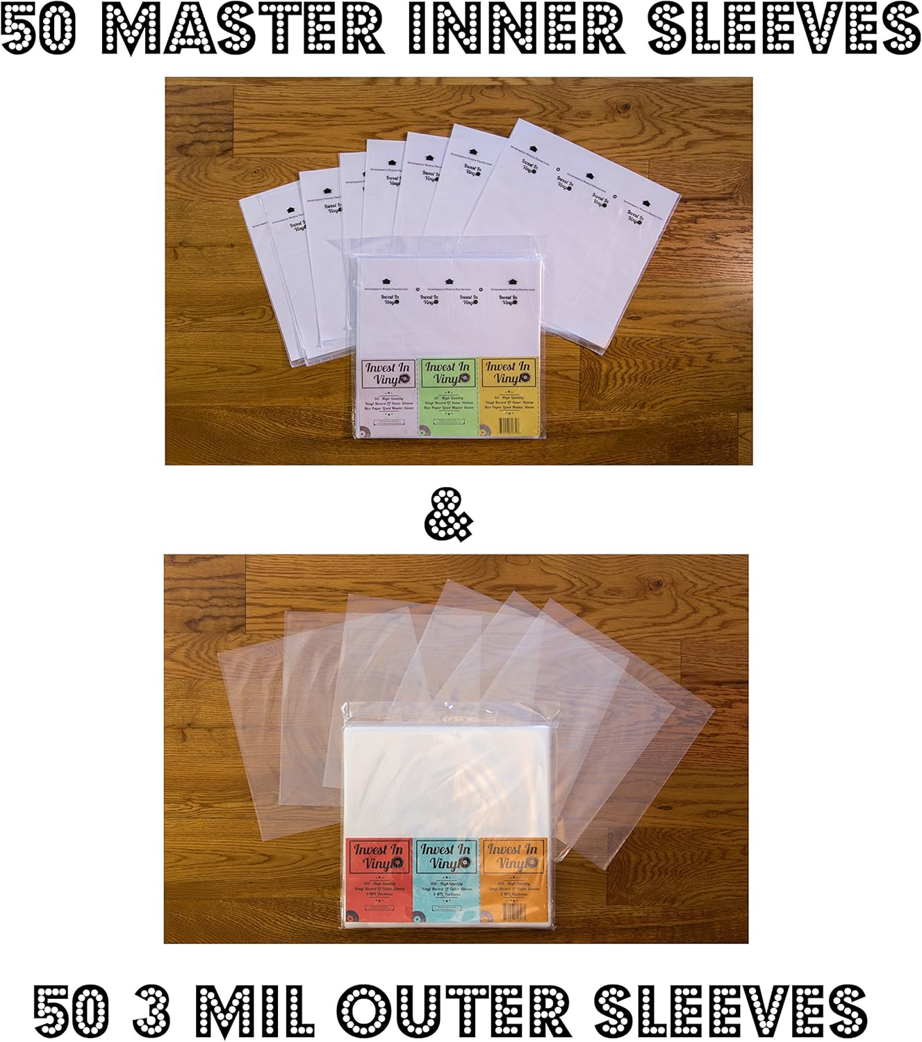 Detalle 2 de Invest In Vinyl 100 LP Sleeves Combo Pack (50 Outer & 50 Inner) for 12" Vinyl Records