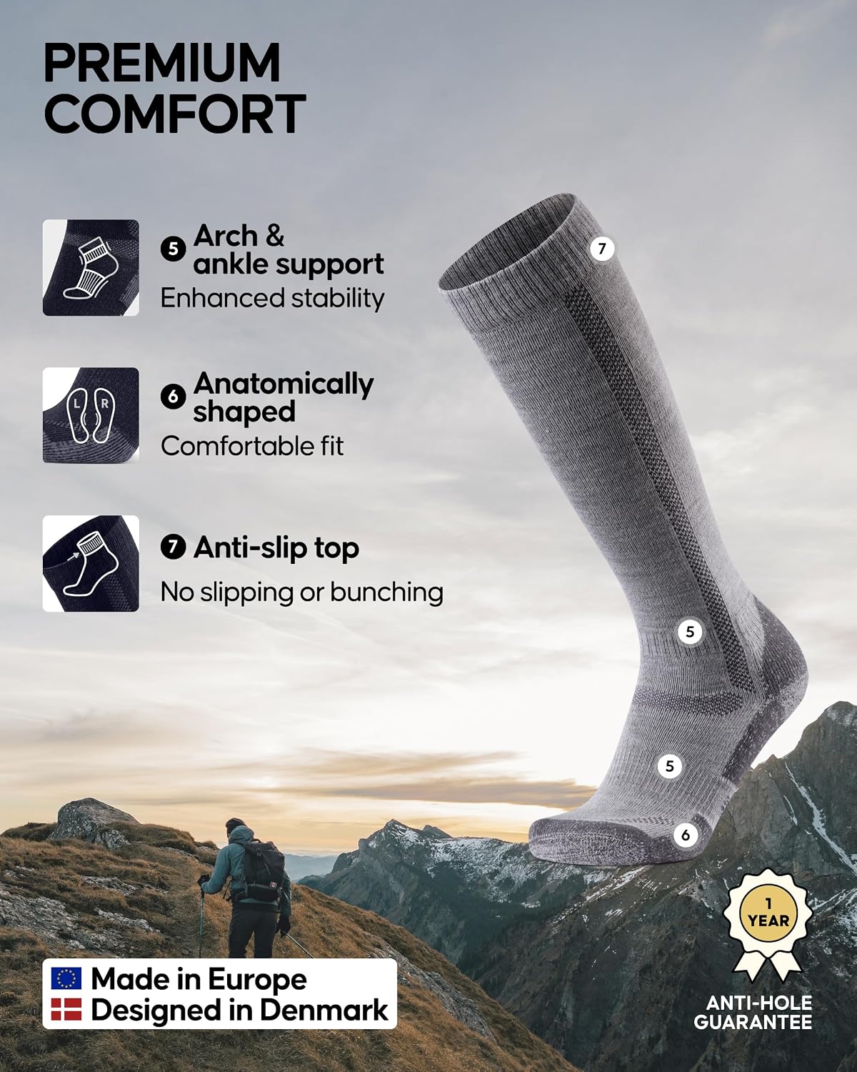 Detalle de DANISH ENDURANCE Merino Wool Knee-High Hiking Socks with Full Cushioning