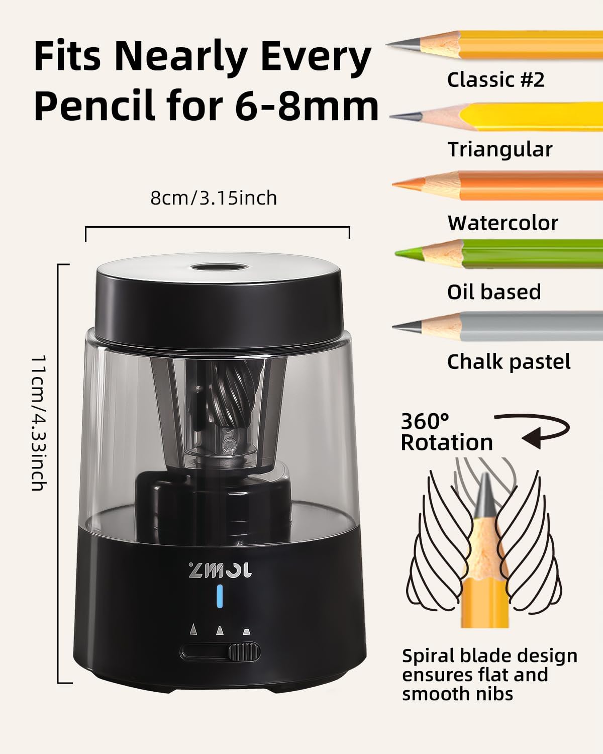 Detalle de ZMOL Electric Pencil Sharpener: Professional Automatic Sharpener with Rechargeable Power