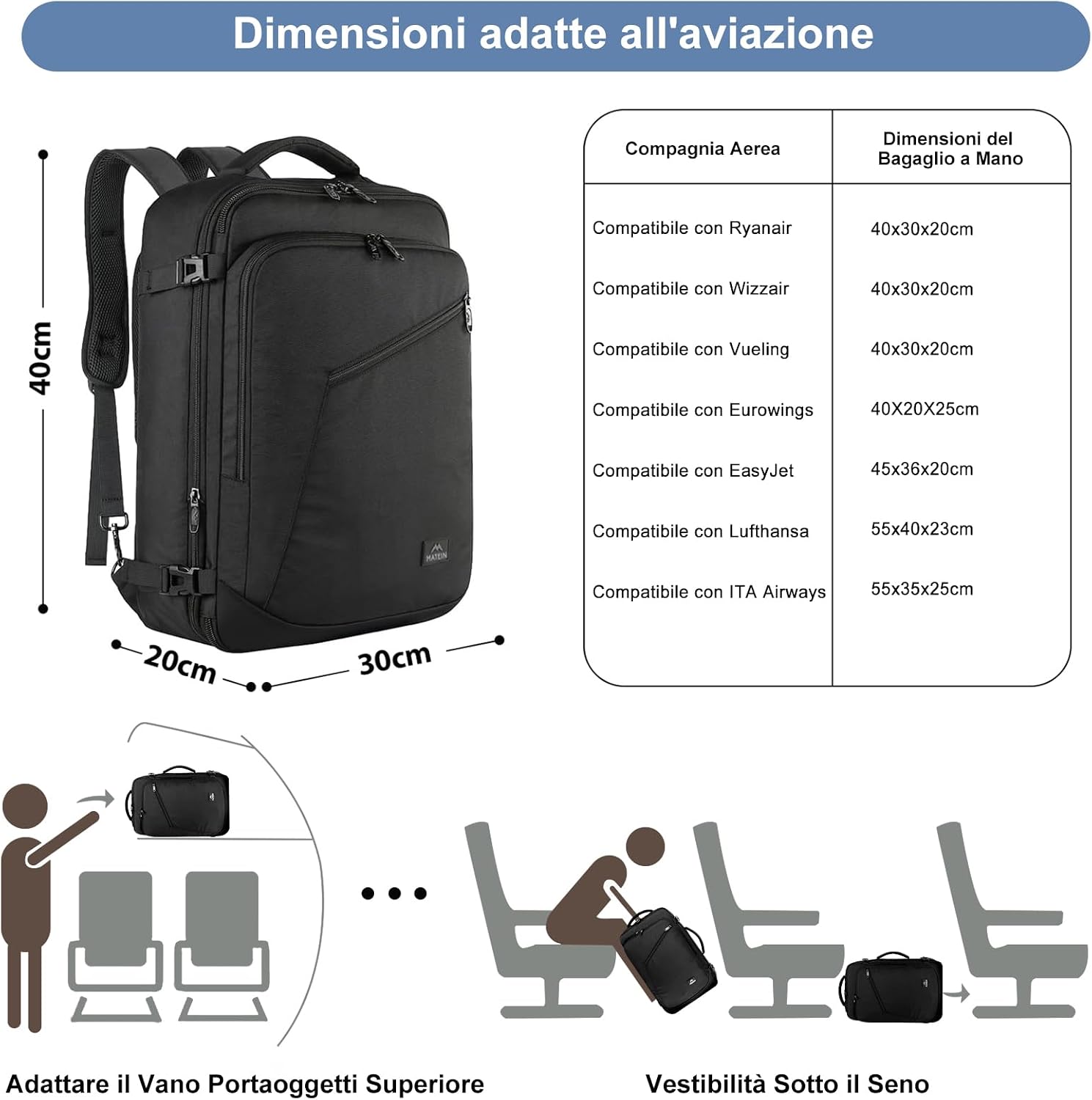 Detalle de MATEIN Zaino da cabina Ryanair 40x30x20 espandibile 24L con tasche e supporto per laptop fino a 14/15 pollici, nero