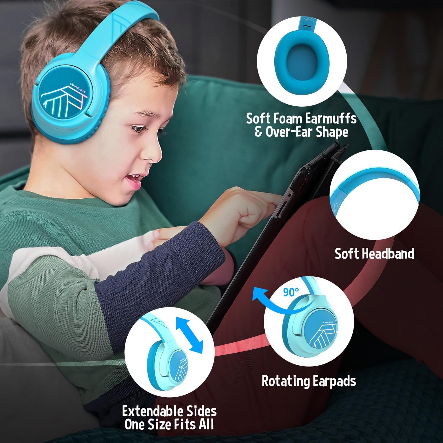 Detalle de PowerLocus Kids Wireless Headphones with LED Lights, Bluetooth 5.3 and Volume-Limited Modes