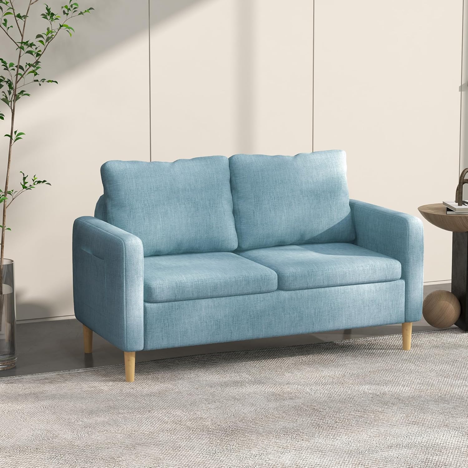 Thumbnail 1 de HOMCOM Sofá 2 Plazas Azul Claro con Bolsillos y Patas de Madera 🛋