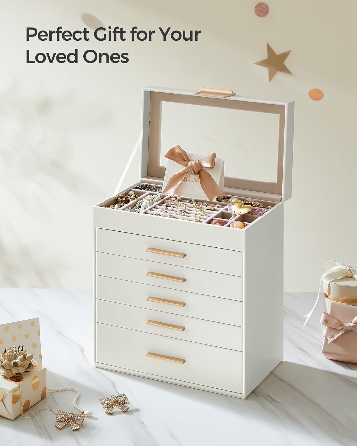 Thumbnail 6 de SONGMICS Collection Jewellery Box with Glass Lid (GISELLA JBC171W01) – 6-Layer Storage, Cloud White & Gold