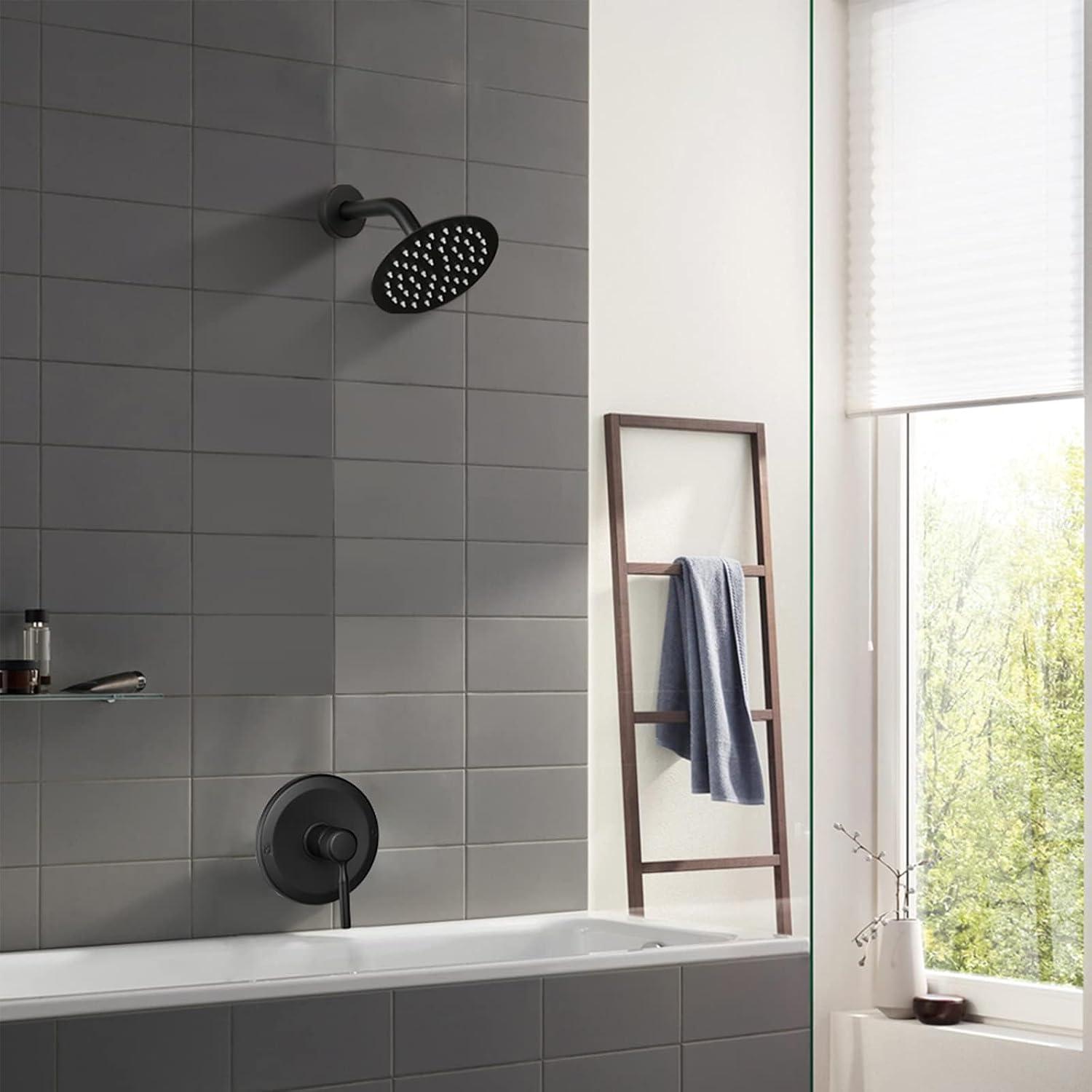 Detalle de APROMOOM 77B707R Shower Faucet Set, Matte Black, 6-Inch Rain Head
