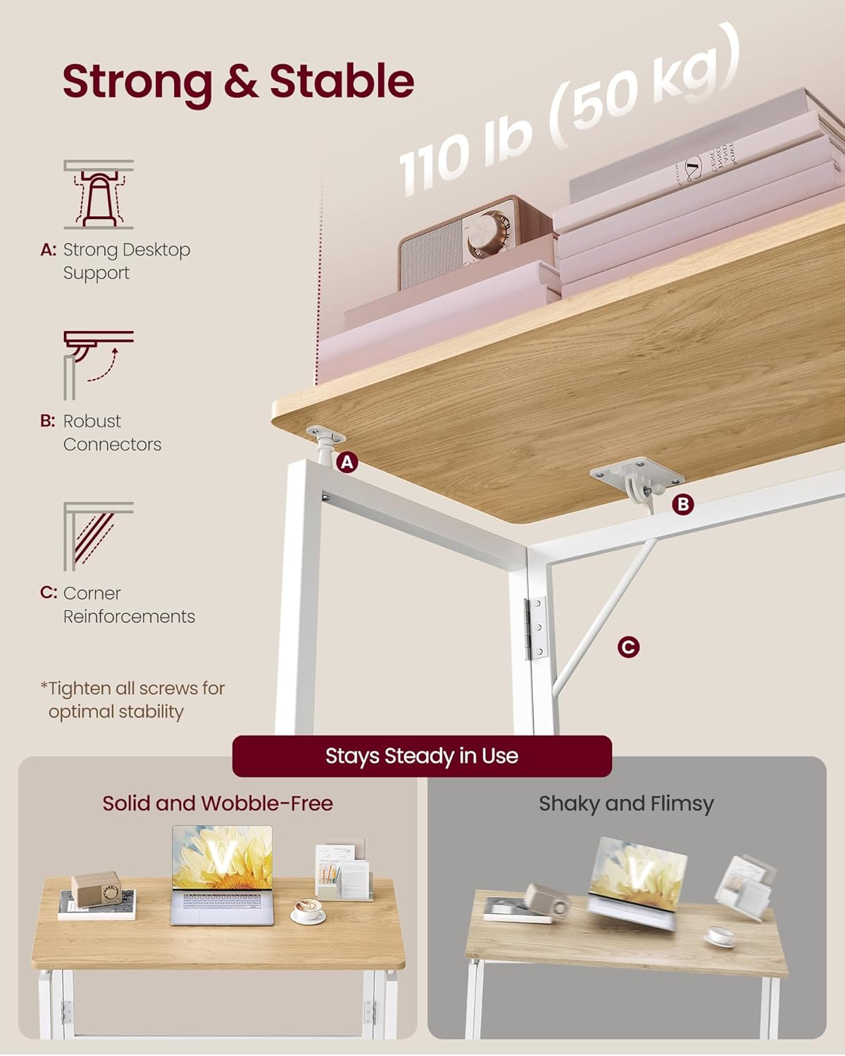 Thumbnail 5 de VASAGLE LWD151YD01 folding desk – foldable computer desk with one-piece desktop, rounded edges (80 x 40 cm)