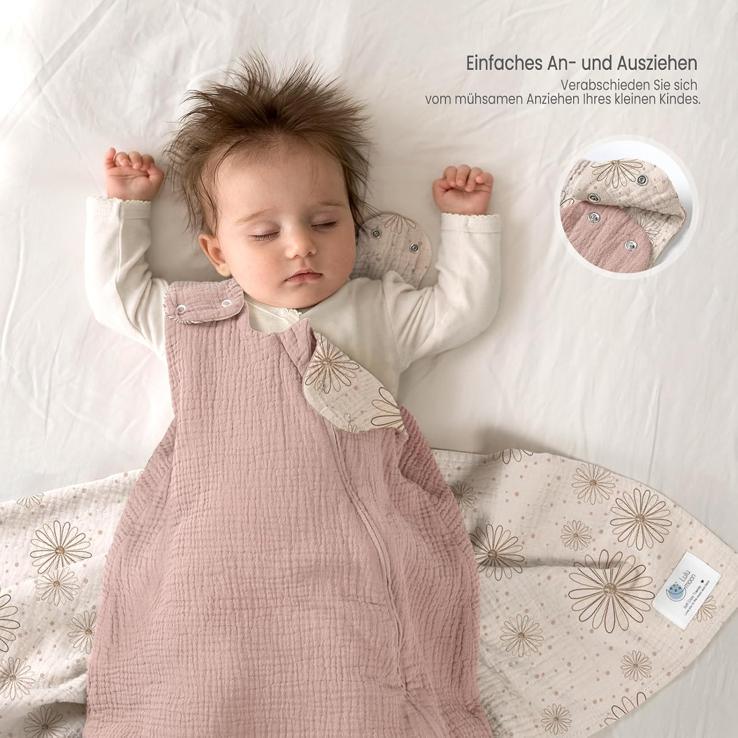 Detalle 1 de lulumoon Baby-Schlafsack (3–9 Monate) aus Musselin mit Doppelschicht, YKK-Reißverschluss – 70 cm