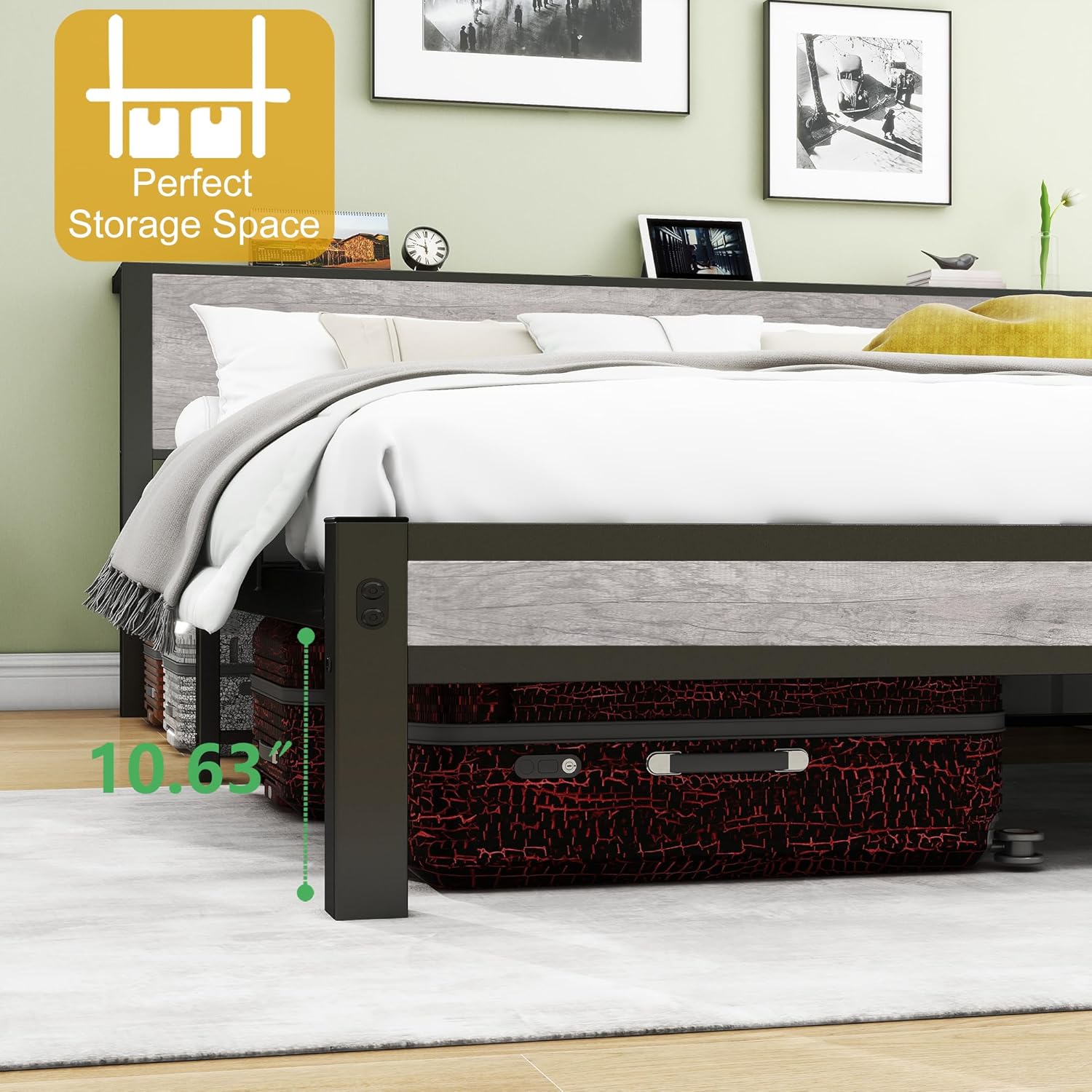 Thumbnail 6 de DUMEE Double Bed Frame with Wooden Storage Shelf Headboard and Metal Platform – Black/Grey Oak