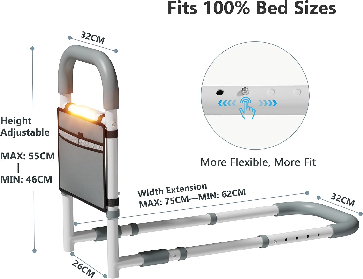 Thumbnail 1 de Yornoli Bed Rail for Elderly Adults: Motion-Sensing Light, Adjustable Non-Slip Handle and Sturdy Steel Frame