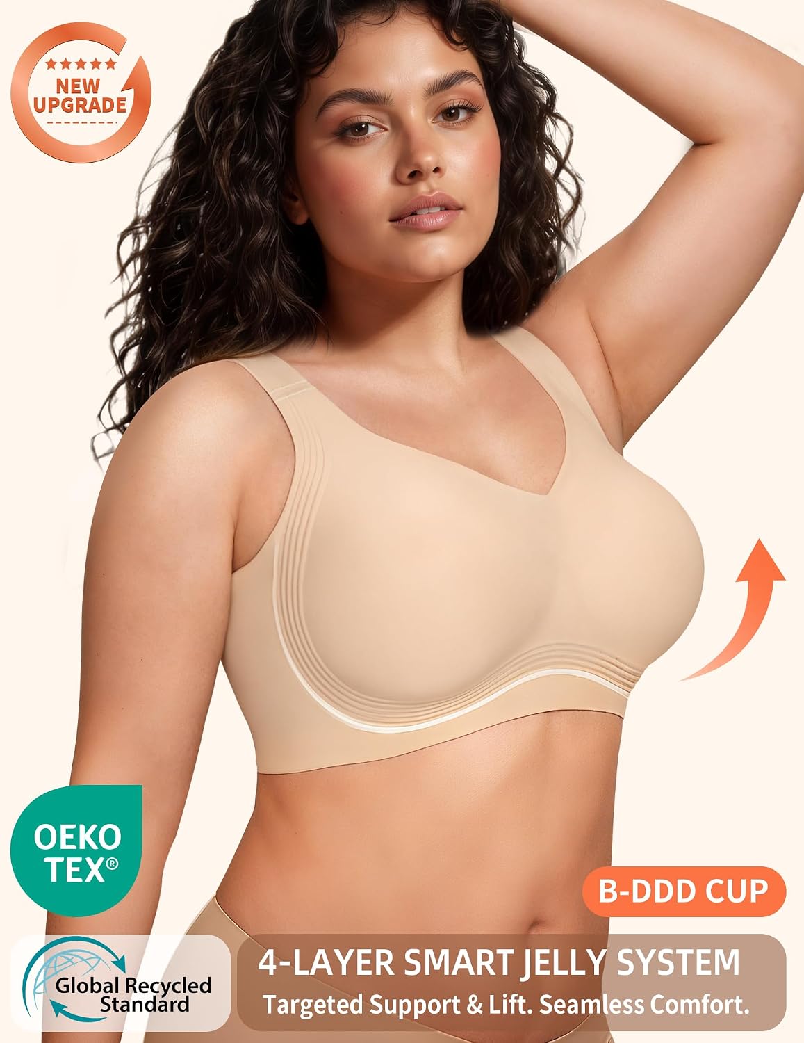 Detalle 2 de PoseFree Women’s Seamless Wireless Supportive Bra with Gel-Like 4-Layer Support (Push Up Comfort, Full Coverage T-Shirt Bra)
