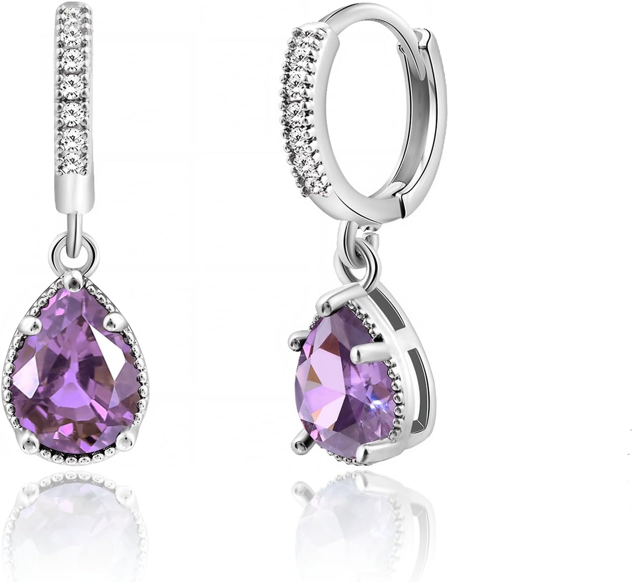 Detalle de Weviway Silver Amethyst Drop Earrings - Teardrop Crystals with Cubic Zirconia Accents