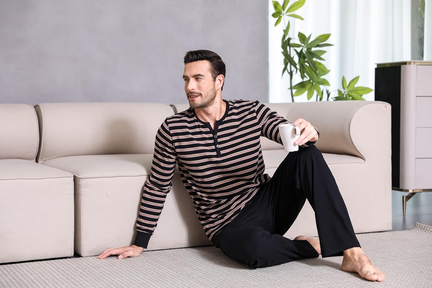 Thumbnail 2 de Winovia Herren Schlafanzug Langarm – Baumwolle Pyjama-Set mit Streifen und Knopfleiste